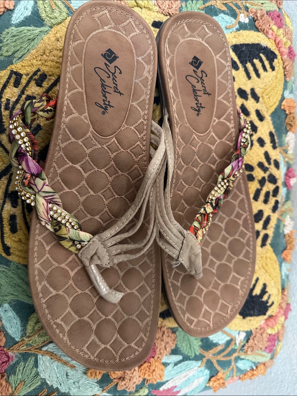 Tan Braided Thong Sandals with Multicolor Accent
